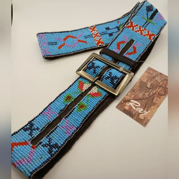 RAJ Beaded Belt - Animal & Flower Designs Sky Blue Multi Color NEW WITH TAGS - Picture 2 of 13